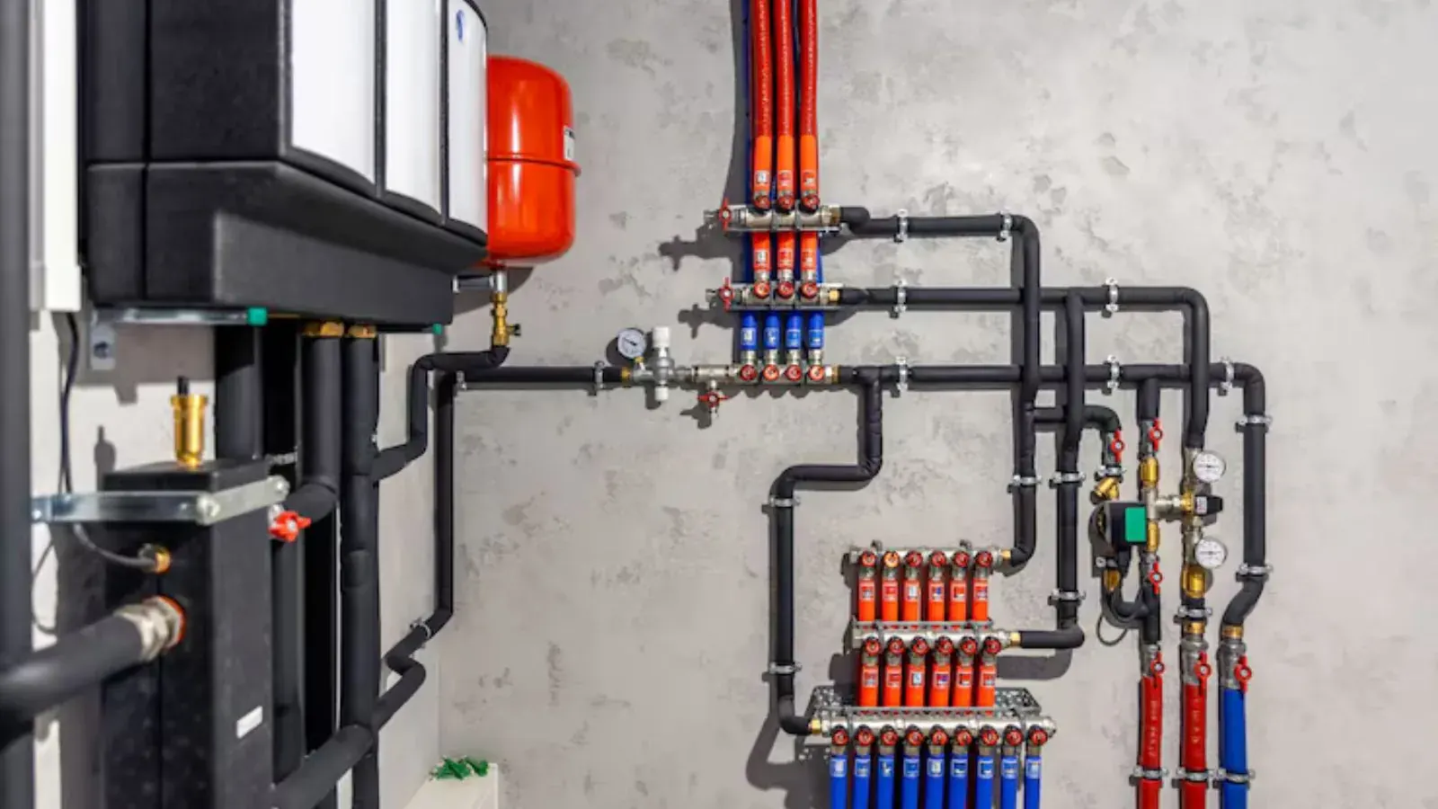Hydronic boiler manifold with red and blue supply and return piping mounted on a wall