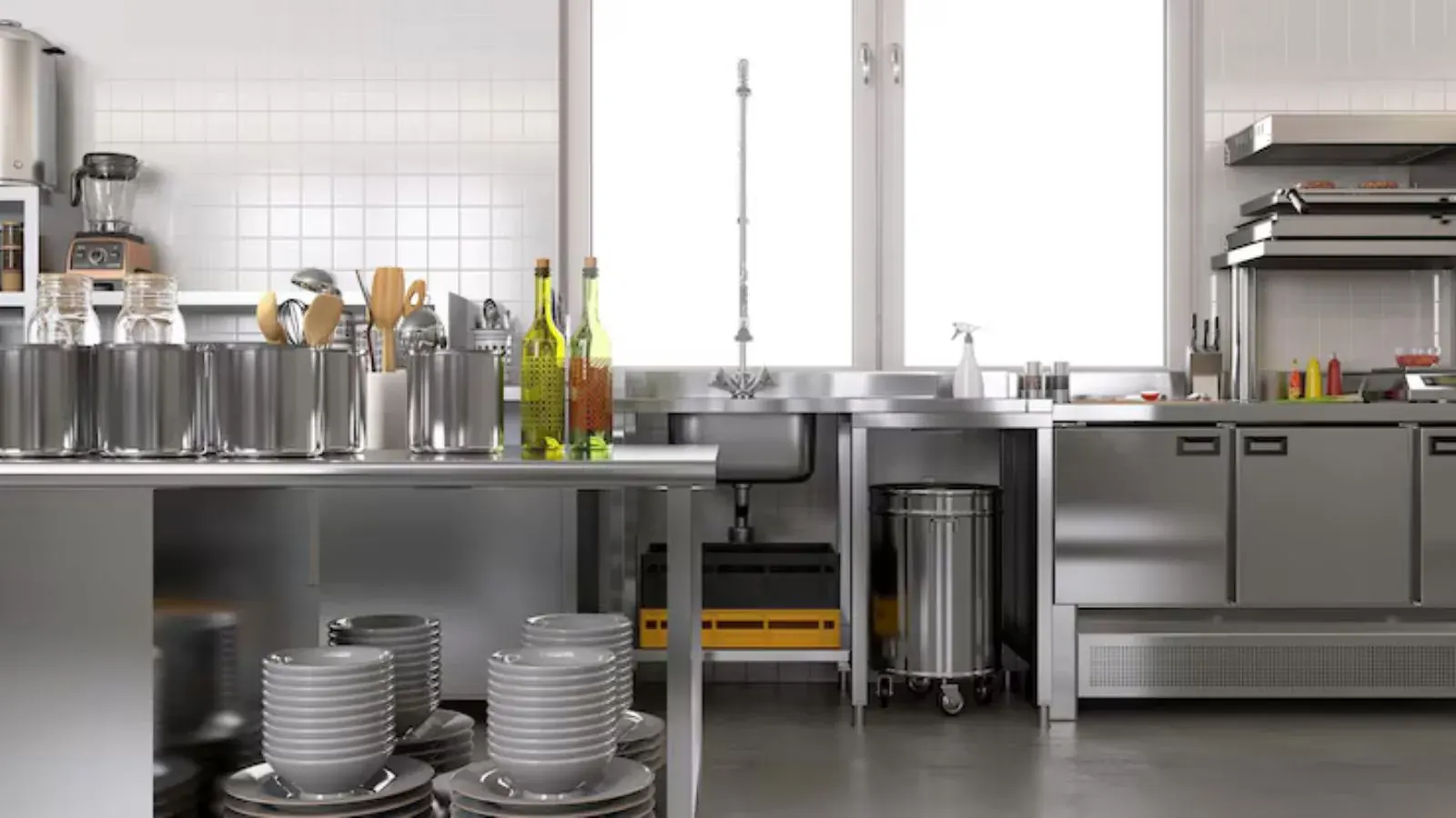 Commercial kitchen with stainless steel prep tables, a sink and stacked plates