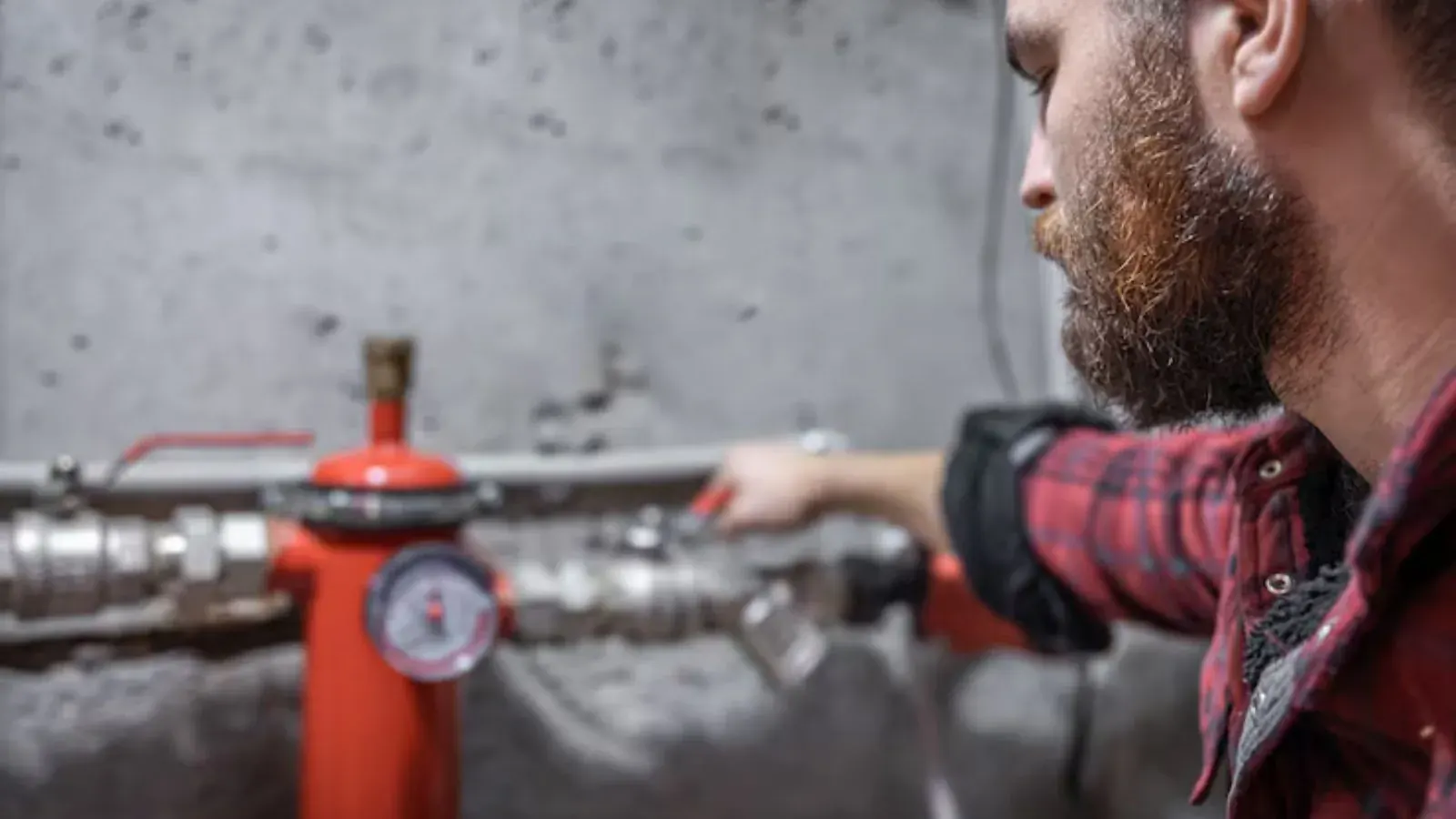 Plumber checking a pressure gauge and valve on a water supply line in a basement