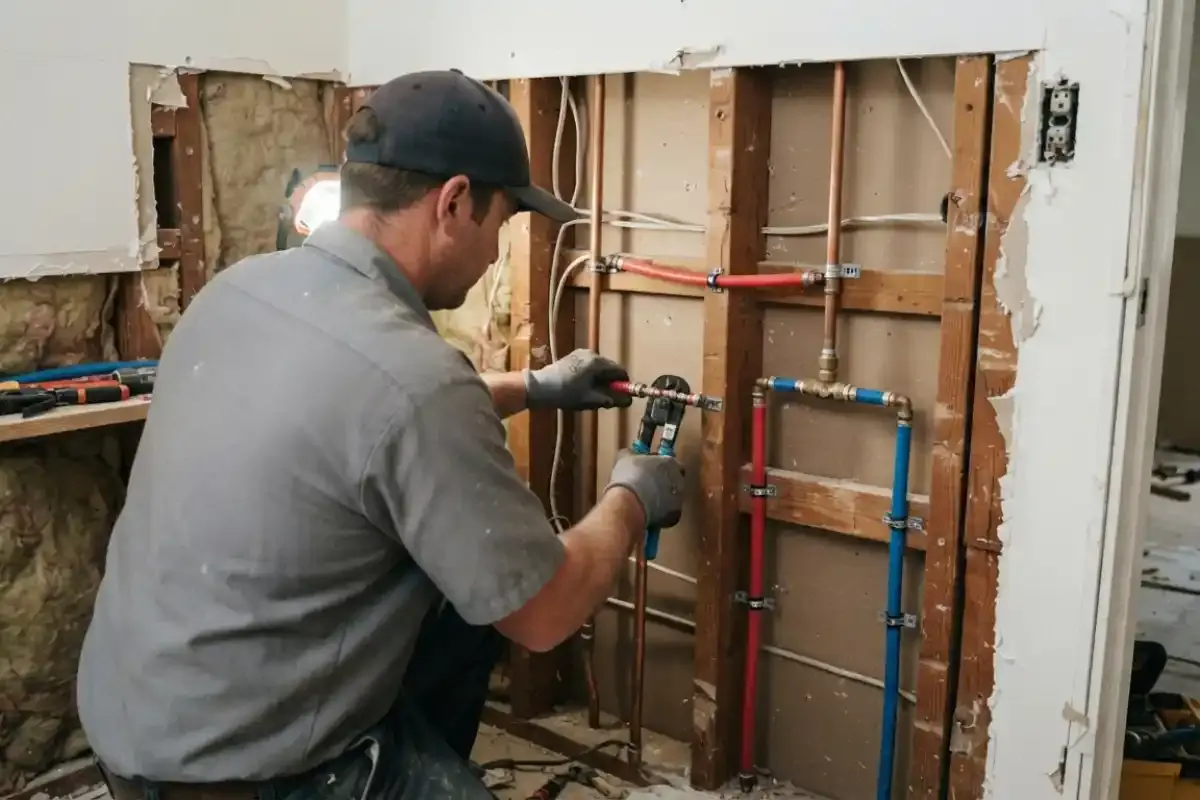 Plumber installing red and blue PEX lines inside an opened wall cavity