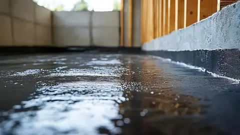 Waterproofing membrane along a basement wall and floor edge with water glistening on the surface