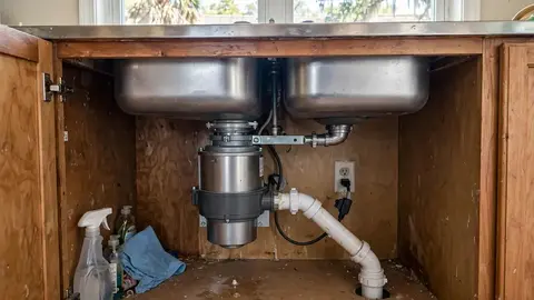 Garbage disposal and drain piping under a double kitchen sink cabinet