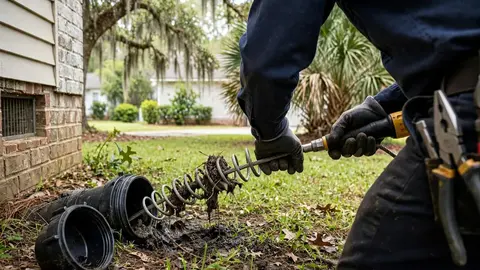 Plumber's gloved hands feeding a drain auger into an outdoor sewer cleanout beside a house