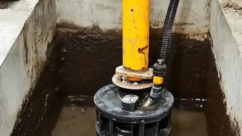 Submersible sump pump with a yellow discharge pipe sitting in a concrete basement sump pit