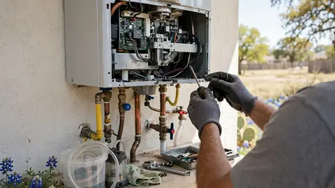 Gloved hands servicing the gas and water connections on an open wall-mounted tankless water heater