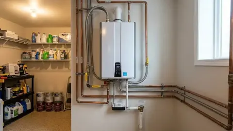 Wall-mounted tankless water heater with copper supply and return lines in a utility room beside storage shelves
