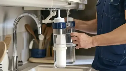 Technician installing a clear water filter canister under a kitchen sink